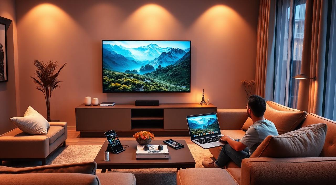 Современная гостиная с 4K телевизором, ноутбуком и смартфонами — пример нагрузки на гигабитный интернет