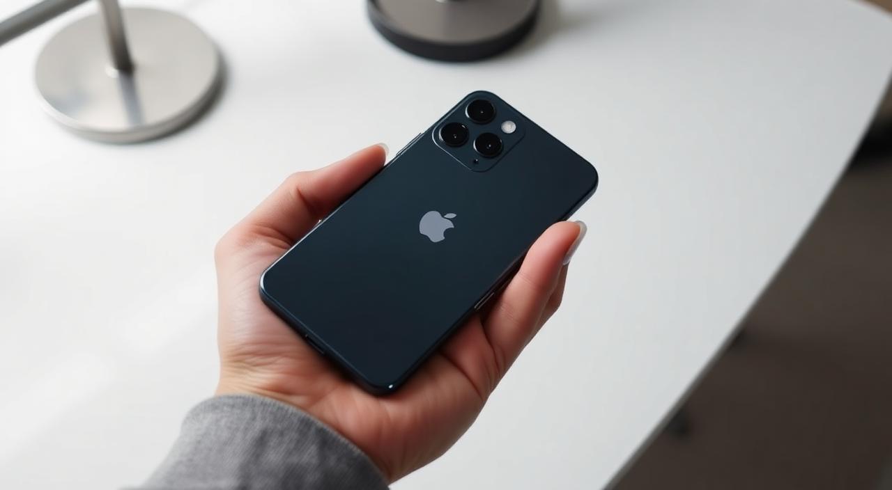Современный смартфон iPhone в руке на минималистичном столе