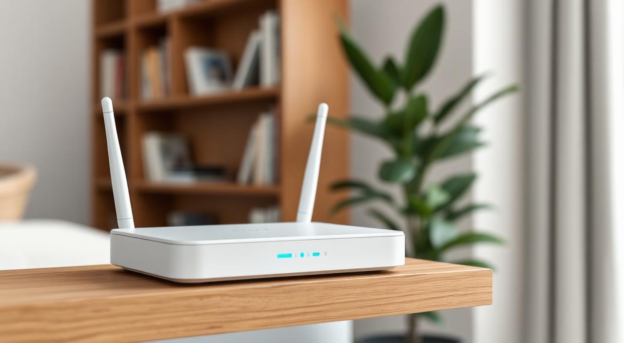 Белый Wi-Fi роутер на деревянной полке в светлой квартире